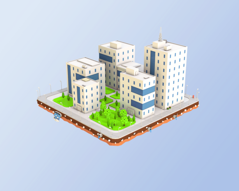 Low Poly City Block Office Buildings