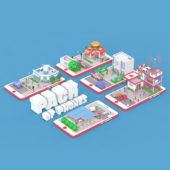 Low Poly Buildings on mobile screen pack